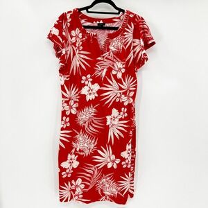 Talbots Red White Tropical Floral Cotton Shift Dress Short Sleeve Split Neck L